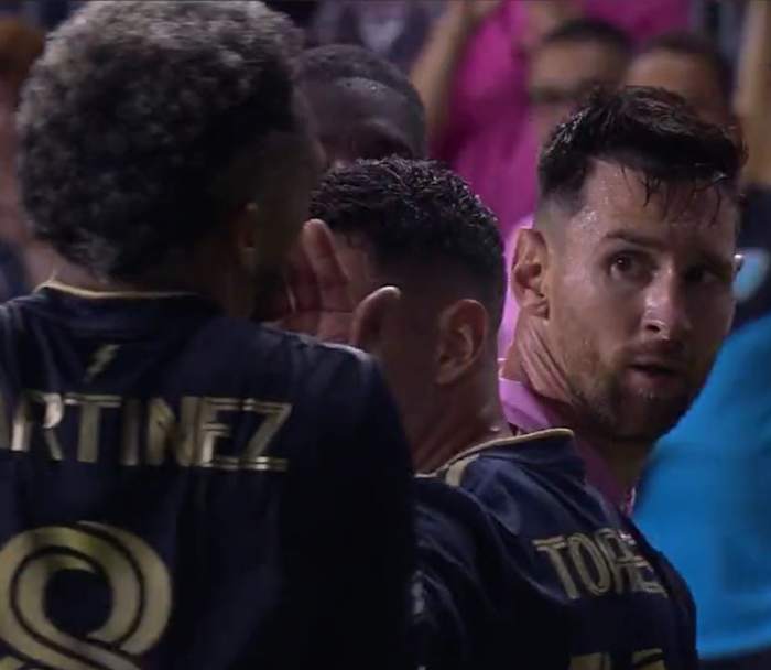 Lionel Messi pictured (right) staring at Jose Martinez (left) after the two players exchanged words during Inter Miami's 4-1 win over Philadelphia Union in the 2023 Leagues Cup semi-finals